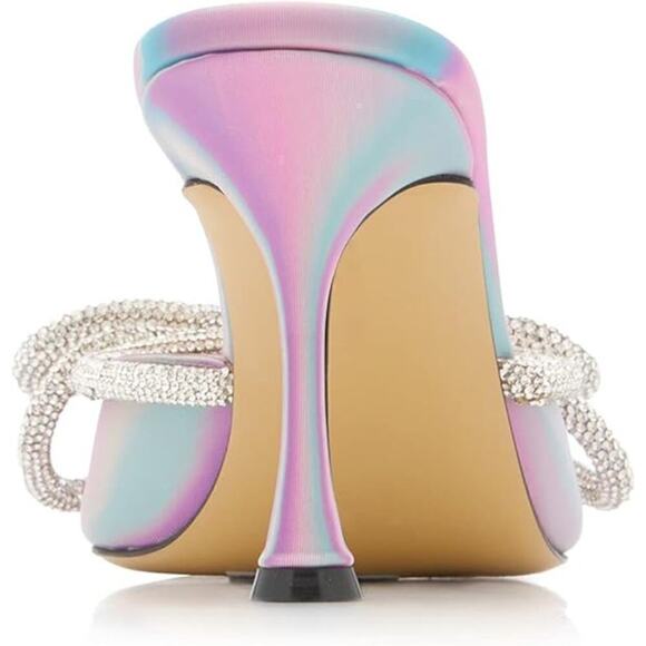 Women High Heeled Mules Crystal Rhinestones Double Bow Sandal Pointed Toe Summer - Picture 5 of 9